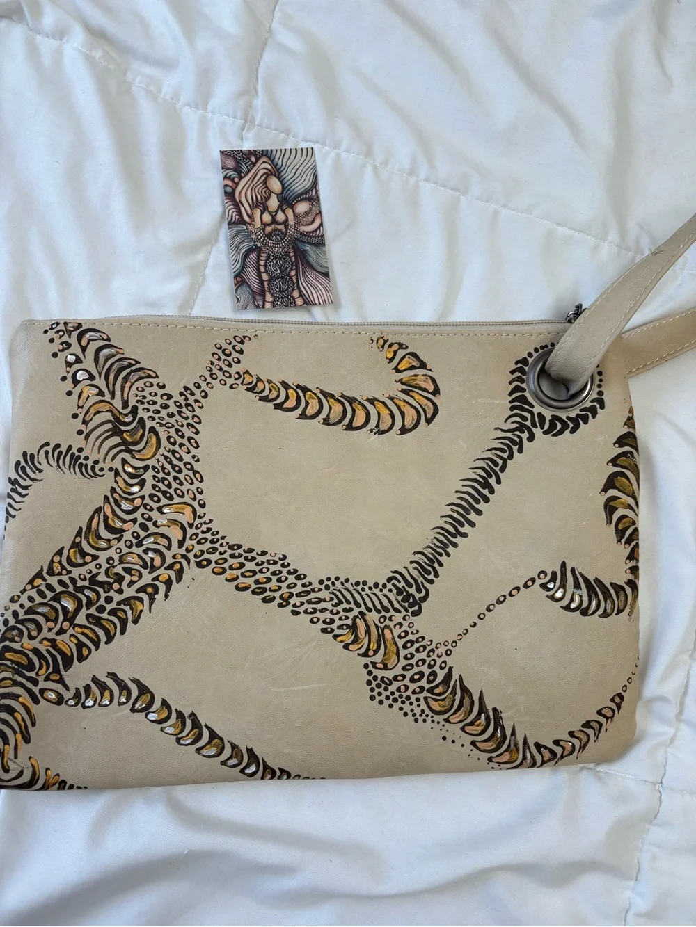 Wristlet Clutch in Taupe with Black and Metallic Accents. Hand painted